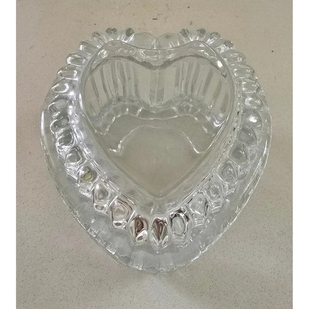 Homco Vintage Clear Pressed Glass Heart Shaped Trinket Box Ribbed Scalloped Lid